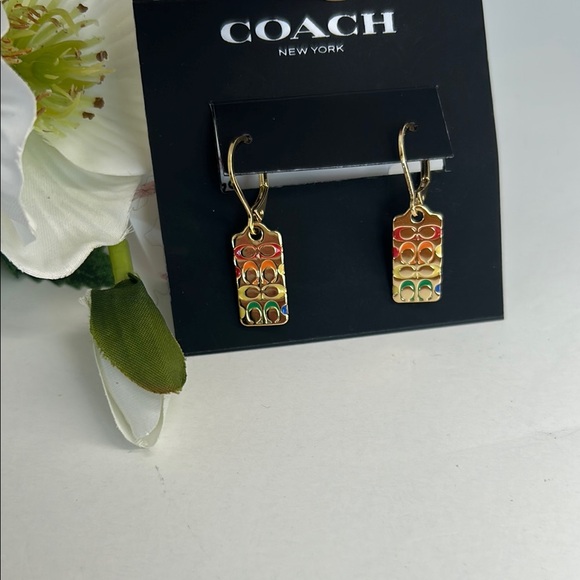 Coach Gold Dangle Earrings with Red,Orange,Yellow,Green “C’s” NWT! - Picture 11 of 13